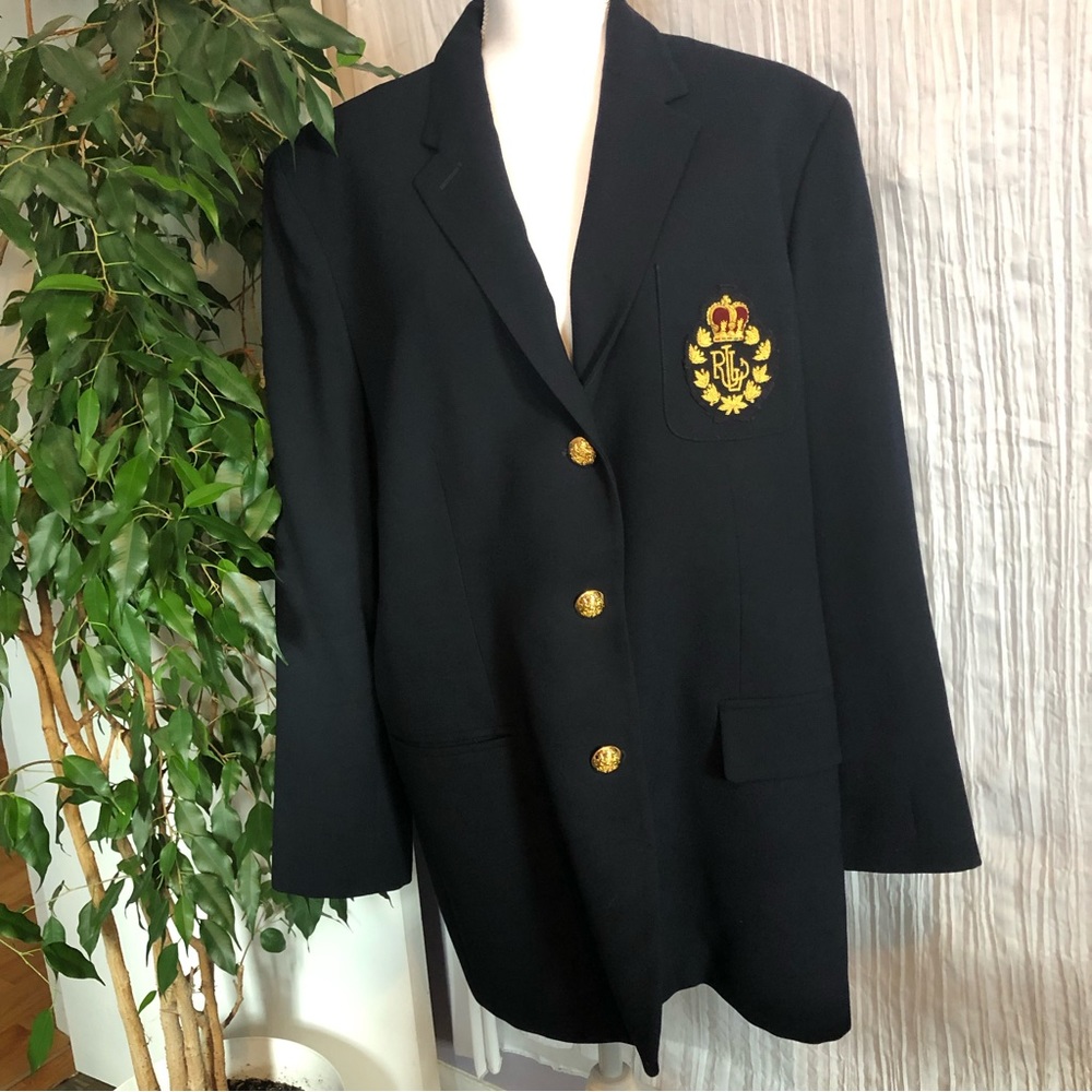 Vintage LAUREN RALPH LAUREN  womans SZ 18W wool navy blazer gold buttons LG logo